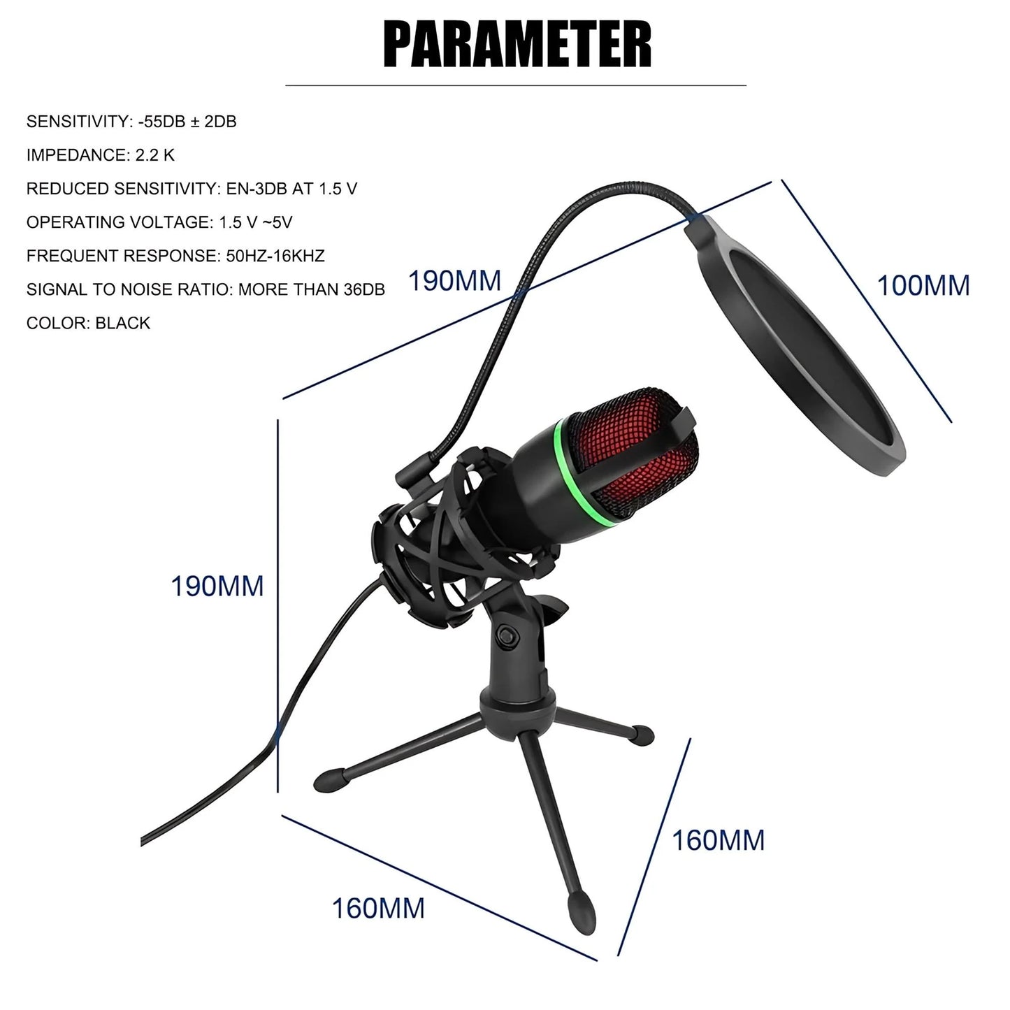 STONEGO Condenser Microphone Kit - RGB Lighting, Noise-Canceling, Tripod Stand, for Streaming, Gaming, Podcasts, and Recordings