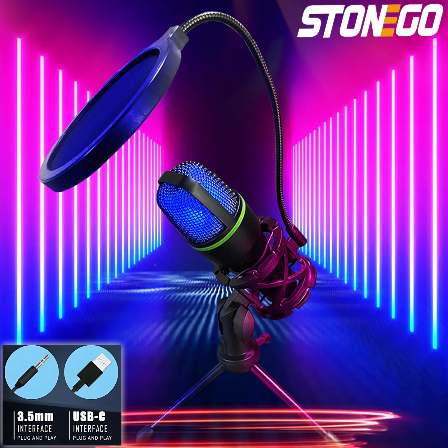 STONEGO Condenser Microphone Kit - RGB Lighting, Noise-Canceling, Tripod Stand, for Streaming, Gaming, Podcasts, and Recordings